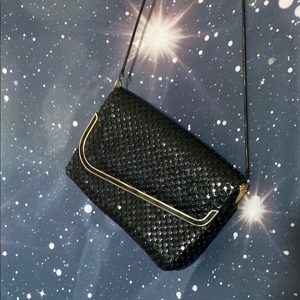 Elegant 80s Black and Gold Women's Bag Vintage Mesh Metal Chain Crossbody